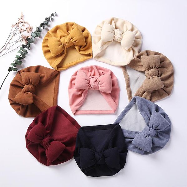 

caps & hats winter autumn baby hat born cute bows soft warm girls turban bonnet solid color cotton children kids beanies cap, Yellow