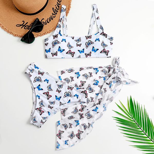 

women's swimwear 3 piece swimsuit women butterfly print push up biquini brazilian bathing suit thong bikini 2021 skirt #g3, White;black