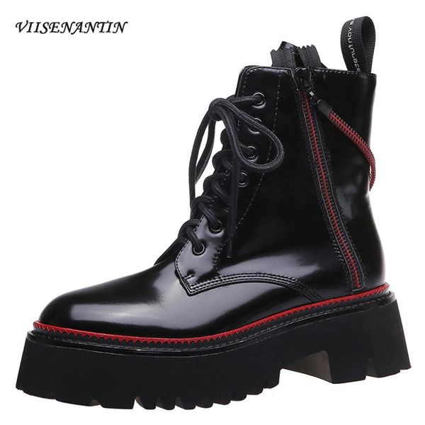 

boots winter style leather lace-up retro short british women's thick bottom fashion motorcycle ankle, Black