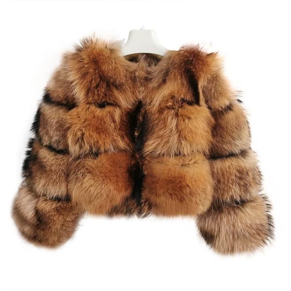 

women's fur & faux real raccoon coat natural brown fluffy jacket ladies winter puffy long sleeve short coats womens, Black