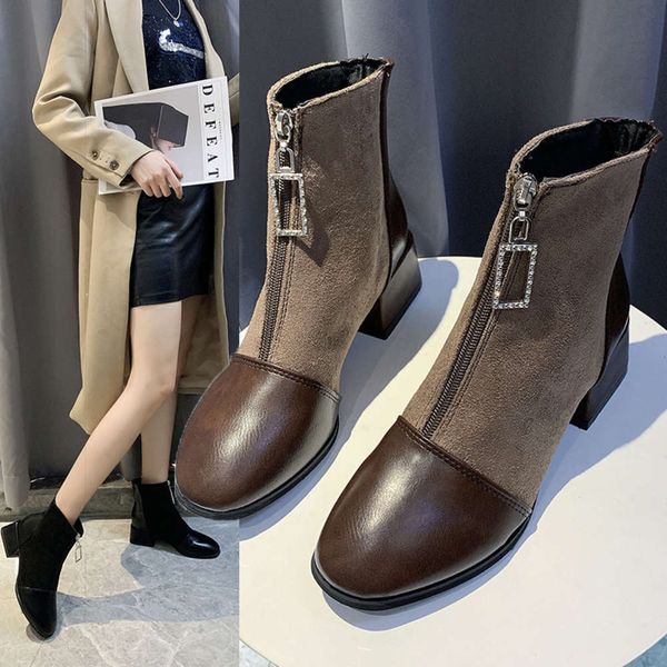 

thick short new winter women's square head front zipper and bare boots, suede plush high heel martin boots, White;red