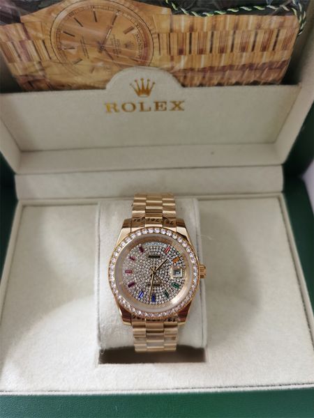 

with original box luxury watches 41mm mens 18k yellow gold full diamond dial automatic fashion brand men's watch wristwatch 2813, Slivery;brown