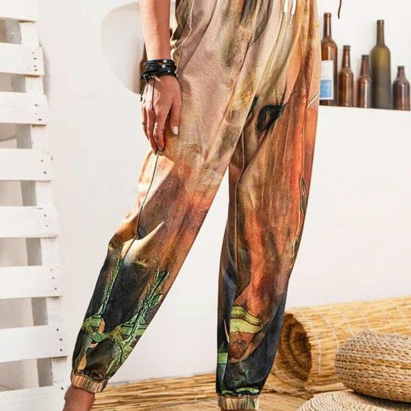 

women's pants & capris 2021 summer and autumn graffiti impressionist printed casual sports retro trousers, Black;white