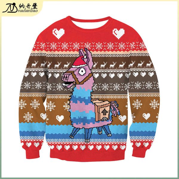

christmas women's loose round neck sweater christmas printed lovers' wear, Black