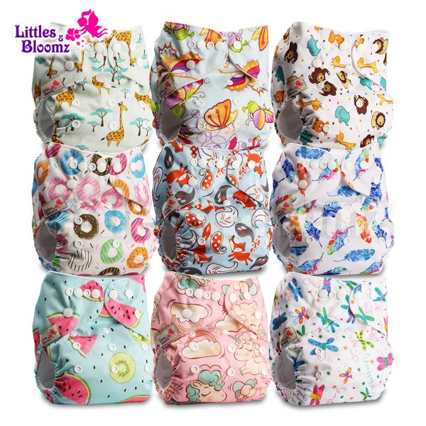 

[littles&bloomz] 9pcs/set baby washable reusable real cloth pocket nappy cover wrap, 9 nappies/diapers and 0 inserts in one set 210312