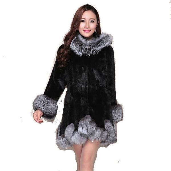 Faux Kürk Kadın Sonbahar Ve Kış Vizon Coat Kürk Yaka Kapşonlu Ceket Artı Boyutu 6XL Üst Kürk Kadın Noel Giysileri 210910