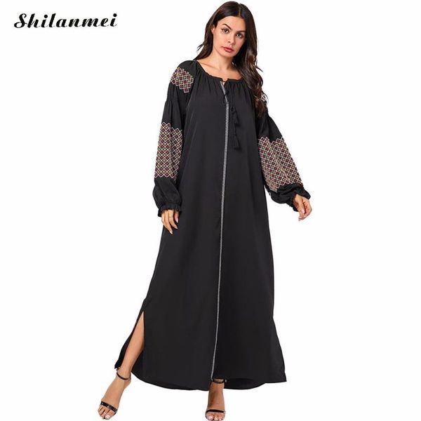 

casual dresses women black bohemian dress cotton lantern sleeve maxi embroidery vintage plus size femme side slit loose robe, Black;gray