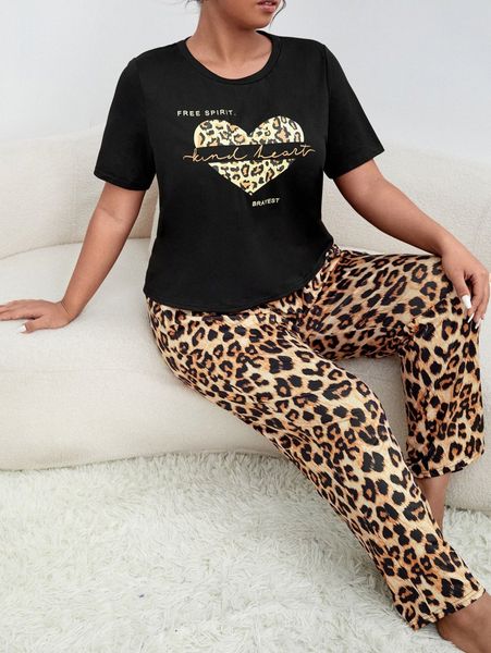 

plus letter & leopard print pj set y7ub#, Black;white