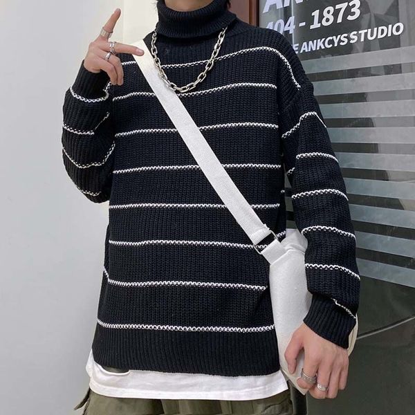 

2021 new winter striped turtleneck sweater men's warm fashion casual knitted pullover men loose knitting sweaters mens korean clothes 0, White;black