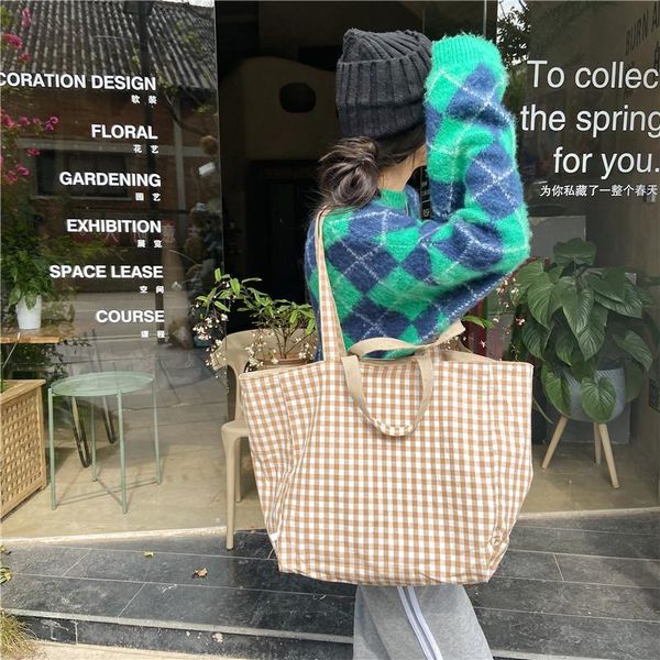 

cross body youda 2021 korean simple lattice double-sided shoulder bag high-capacity student book shopping handbag cotton fabric bags