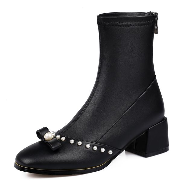 

big size grain string thick mid-calf calf microfibre pearl bow square heel short white women's boots kfno, Black