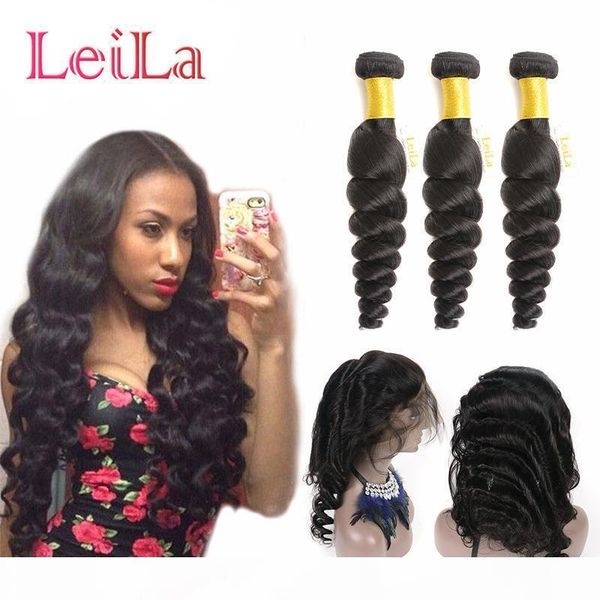 

peruvian virgin hair pre plucked 3 bundles with 360 lace frontal loose wave natural hairline lace band loose wave human hair extensions, Black;brown