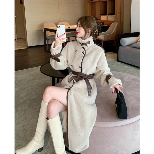 

winter woolenwomen winter double breasted slim long pockets thick warm work office overcoat, Black