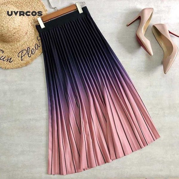 

women midi skirts gradient color striped printing pink long skirt high waist casual style a-line girls daily outwear 210712, Black