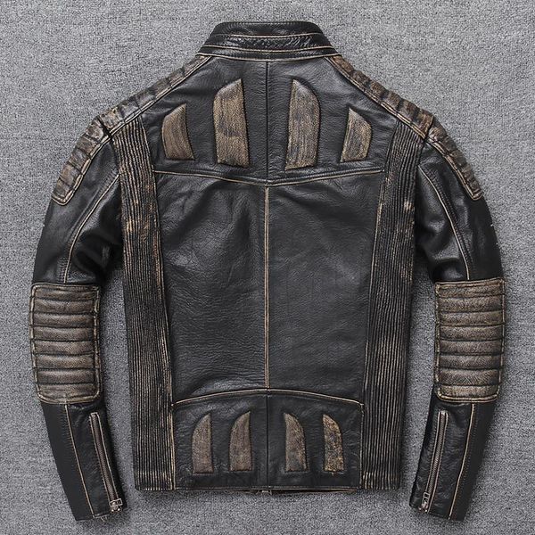 

men's leather & faux 2021 retro vintage black men slim fit biker's jacket plus size xxxxxl genuine cowhide motorcycle coat