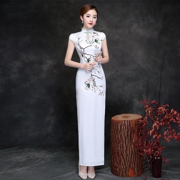 

ethnic clothing long white lady satin cheongsam print flower chinese traditional dress plus size 3xl 4xl 5xl autumu party vestidos gown, Red