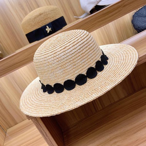 

2021 new uv protection wide brim summer round black lace band women sun kuntucky derby natural straw lady beach hat 62sq, Blue;gray