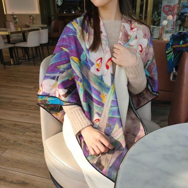 

scarves 70% cashmere 30% silk scarf women fashion kerchief double-sided flower shawl stole head neck big bandana 53"*53", Blue;gray