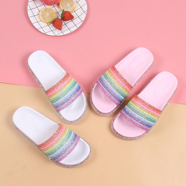 

rainbow bling slippers for girls summer non-slip soft beach ladies slides flats shoes home women slipper outdoor footwear sandal, Black