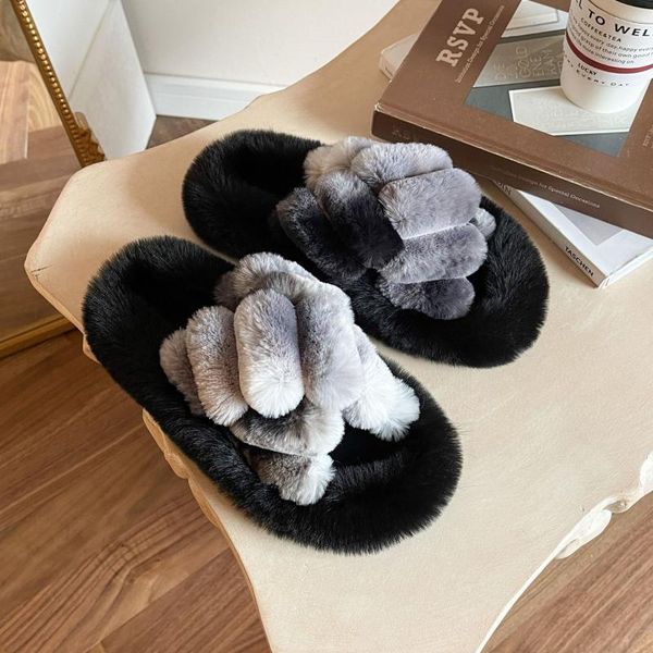 

slippers shoes women 2021 thick bottom woolen autumn and winter gradient home furry slides for, Black