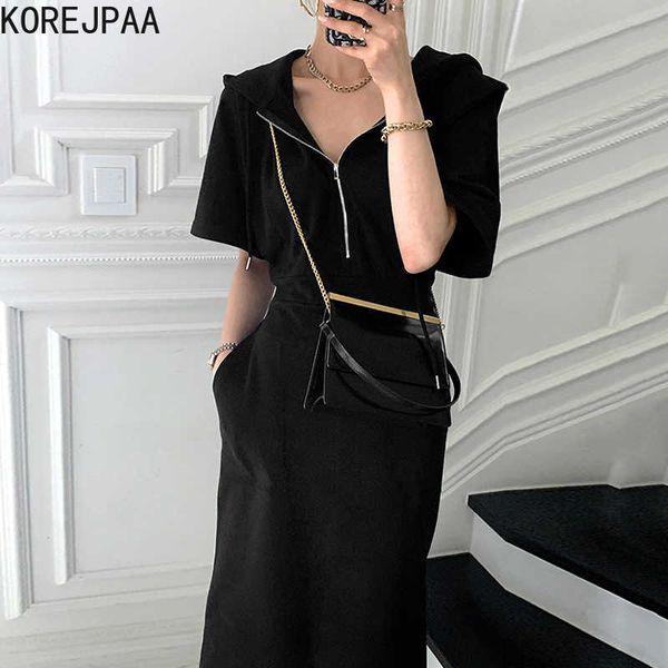 

korejpaa women dress summer korea chic simple temperament hooded big pocket zipper design high waist slim split long vestido 210526, Black;gray