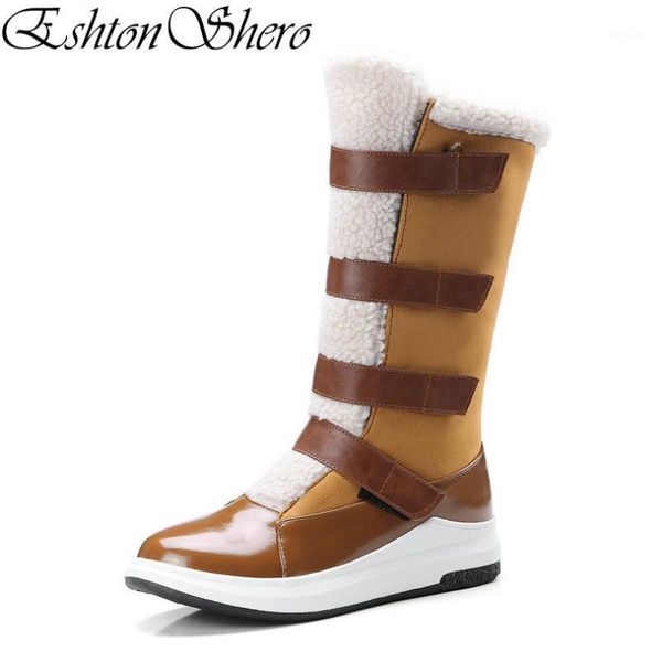 

boots eshtonshero winter women shoes woman mid calf round toe pu+plush low heel black fashion ladies snow size 34-431