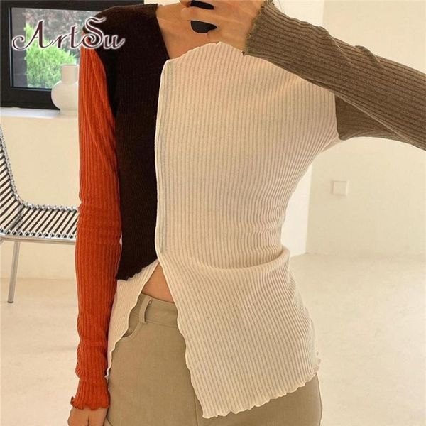 

women's t-shirt long sleeve women patchwork skew collar casual tees streetwear fashion split shirt femme white tshirts