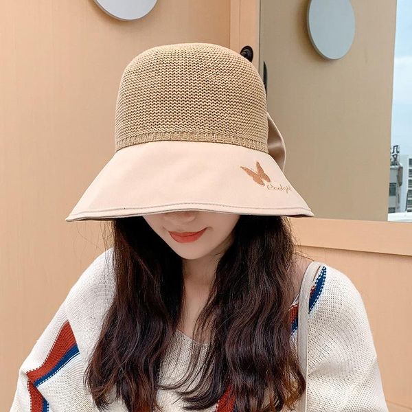 

wide brim hats bow fisherman hat women outdoor sunscreen shade cap 2021 spring summer korean butterfly embroidered beach travel sunhat, Blue;gray