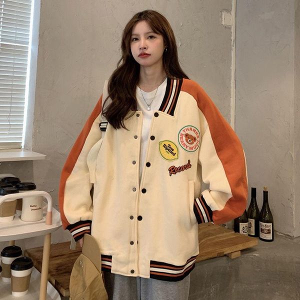 

women's jackets baseball jacket bomber oversize fashion embroidery buttons autumn loose vintage, Black;brown