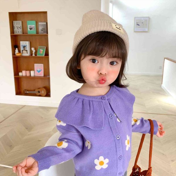

autumn winter baby girls cute daisy knitted sweaters warm long sleeve jacquard weave cardigan, Blue