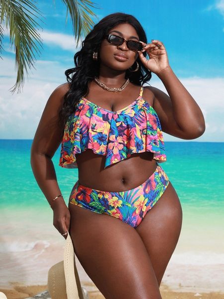 

plus floral print hanky hem bikini swimsuit 46ip#, Black