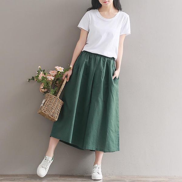

women's pants & capris summer cotton linen wide leg mori girl loose plus size trousers women casual cropped green ladies light skirt, Black;white