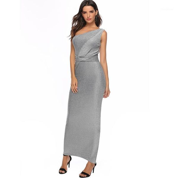 

evening dress oblique shoulder elegant silver bright silk party long prom dresses female asymmetrical, White;black
