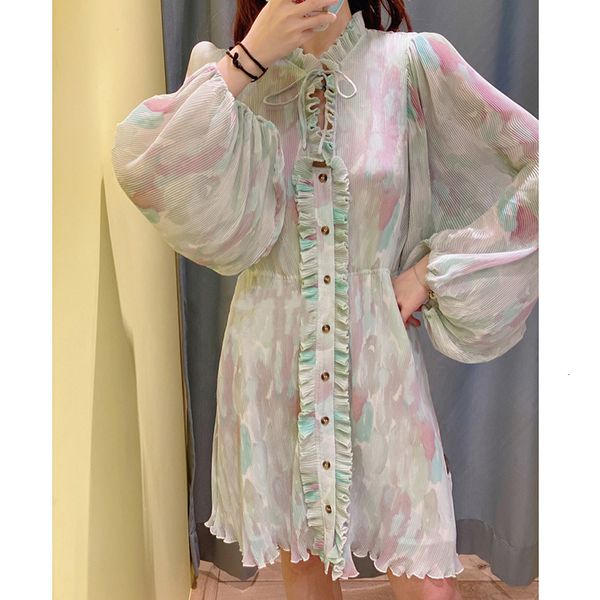 

new 2021 early spring women pleated mini ladies vintage color patchwork single-breasted ruffles trim sleeve short es prub, Black;gray