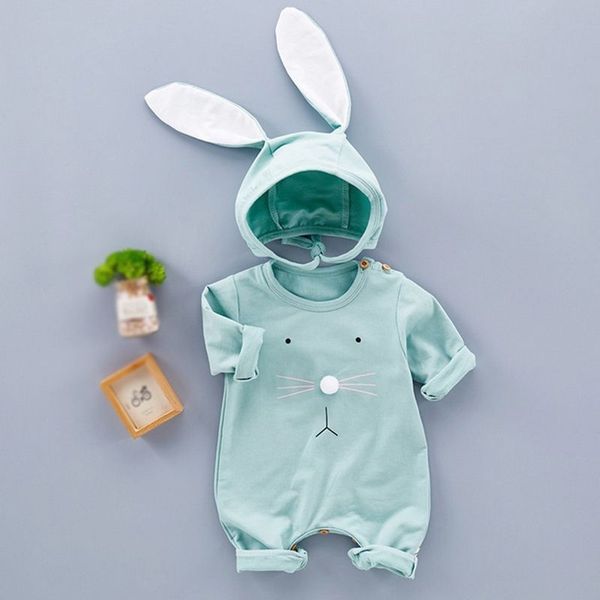Cute Baby Abbigliamento Neonato Tute Neonata Pagliaccetto Vestiti Manica lunga Orecchie di coniglio Cappello 2 pezzi Infantile Primavera Autunno 210317