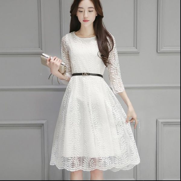 

white lace dress women 3 4 sleeves hollow out floral dress plus size 3xl pink black women elegant dresses belt zipper slim, Black;gray