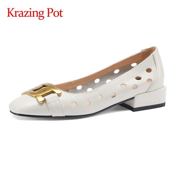 

dress shoes krazing pot plus size natural leather round toe med heel hollow metal decorations preppy style young lady basic women pumps l8f2, Black