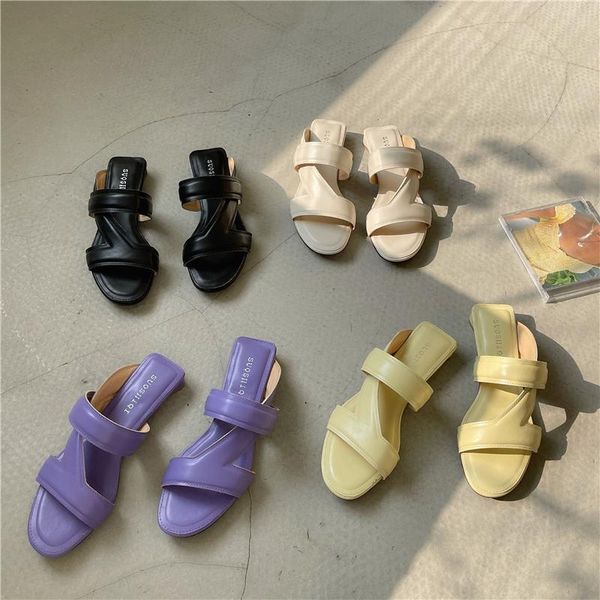 

sandals dxfan round toe solid flat women narrow band summer elegant ladies shoes slides designer, Black