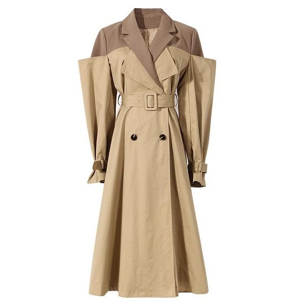 

women's trench coats superaen tie fake two-piece notched long knee-length autumn design double breasted solid waist coat for women, Tan;black