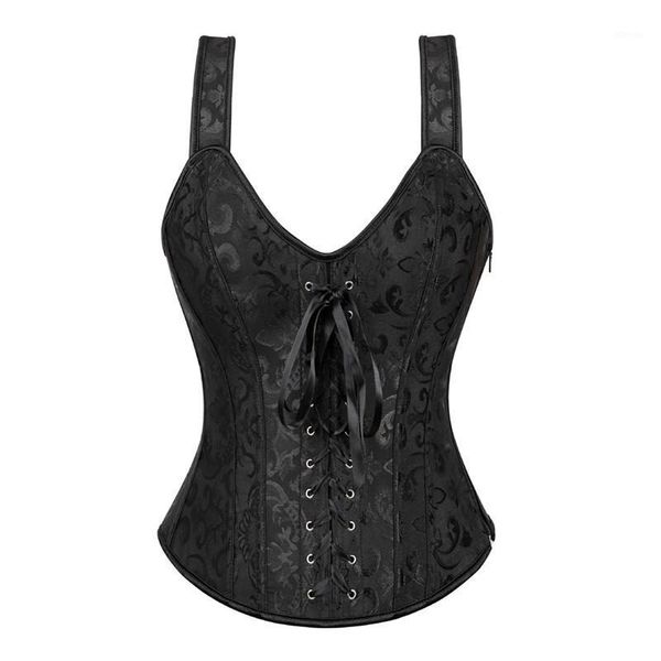 Corset Bustier Plus size Jacquard Brocade Overbust Gothic Black con cinghie con cerniera Toppa sexy Lingerie Victorian Bustiers Corsets