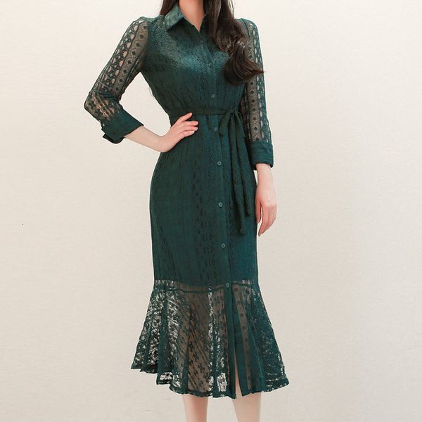 

casual dresses chic lace fishtail elegant button long sleeve midi shirt dress women tunic ruffles spliced party white green vestidos vh1t, Black;gray