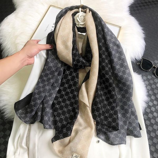 

scarves 2021 autumn and winter letters cotton linen warm scarf women long fashion spring thin gauze beach towel, Blue;gray