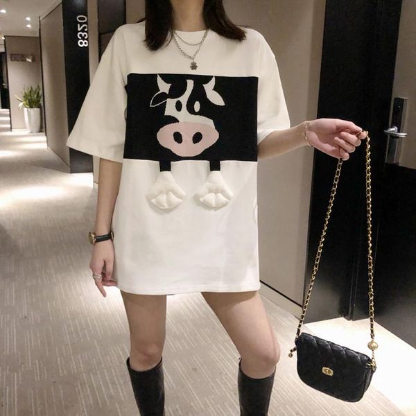 

women's t-shirt 2021 spring korean round neck 3d character appliques loose casual short sleeve fashion, White
