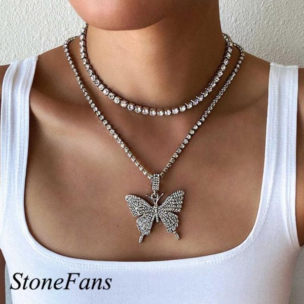 

pendant necklaces stonefans fashion large butterfly necklace choker for women shiny luxury jewelry rhinestone statement gift, Silver