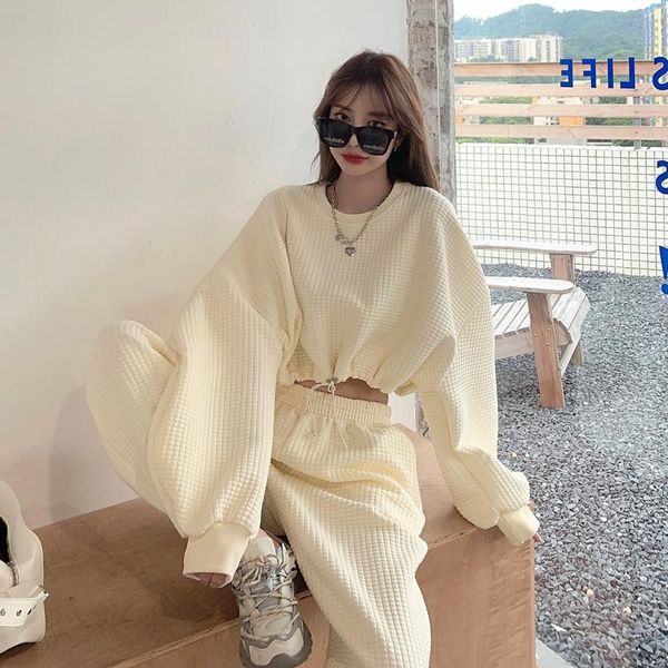 

women's two piece pants matakawa casual suit 2021 spring korean short long sleeve sweatshirt high waist set women, White