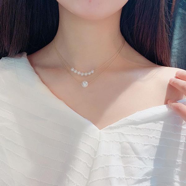 

chains double pearl collar bone chain contracted small pure and fresh creative lady necklace female temperament, Silver