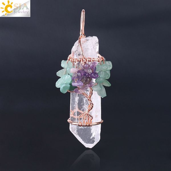 

csja men big gemstone pendant women natural white crystal quartz 7 chakra tree of life rose gold handmade wire wrapped necklace charms 84 u2, Silver