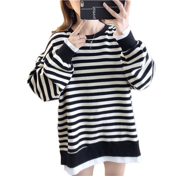 

2021 new autumn hoodies casual long stripe pullovers o neck batwing sleeve fake two women sweatshirt yx3u, Black