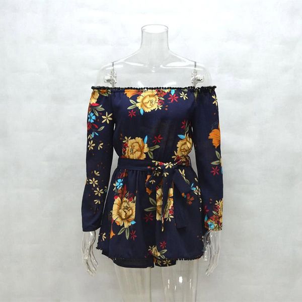 

women's jumpsuits & rompers women off shoulder jumpsuit short boho floral slash neck long sleeve ruffle belted casual playsuit, Black;white