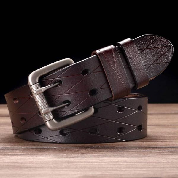 

belts men's leather double prong belt classic row hole universal hollowed out jeans men waistband for, Black;brown